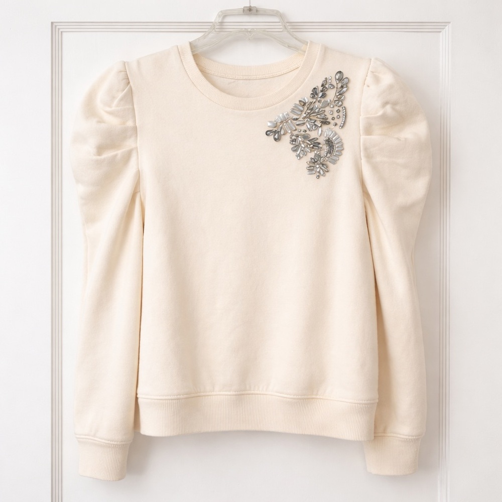 Express Cream Embellished Crewneck Puff Sleeve Sweater